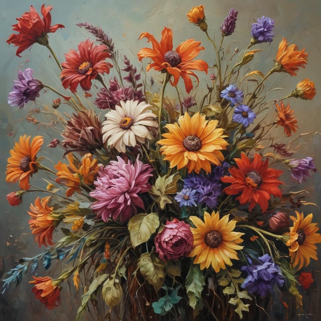 Vibrant Dying Flowers as Impasto Oil Painting