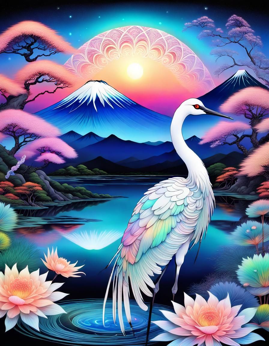 Bioluminescent Japanese Crane with Mt. Fuji