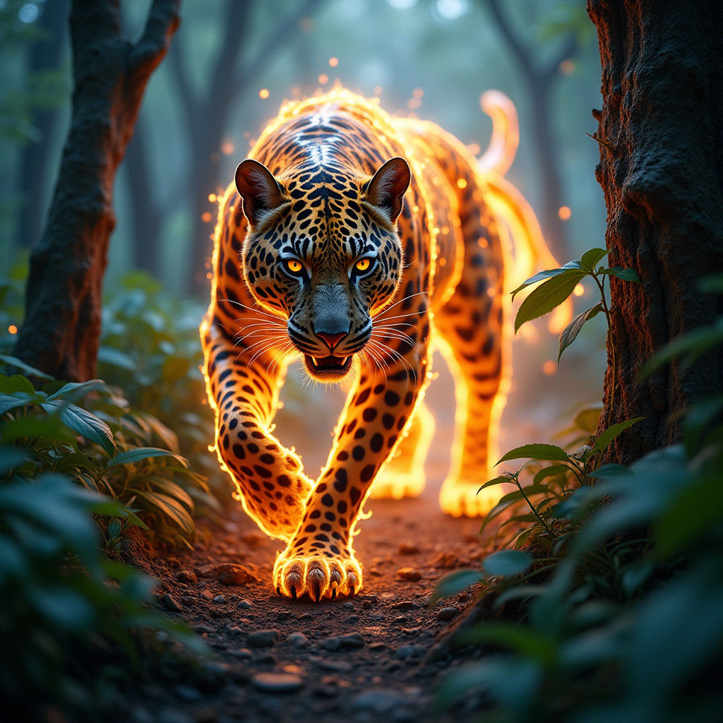 Fiery Jaguar Glides Through Enchanted Forest