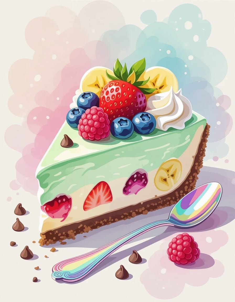 Mint Chocolate Cheesecake with Berries in Watercolor Splash ...