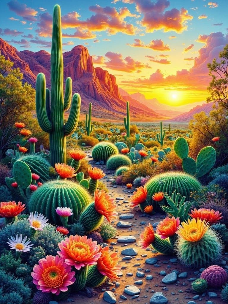 Surreal Desert Sunset in Vibrant Watercolor Style