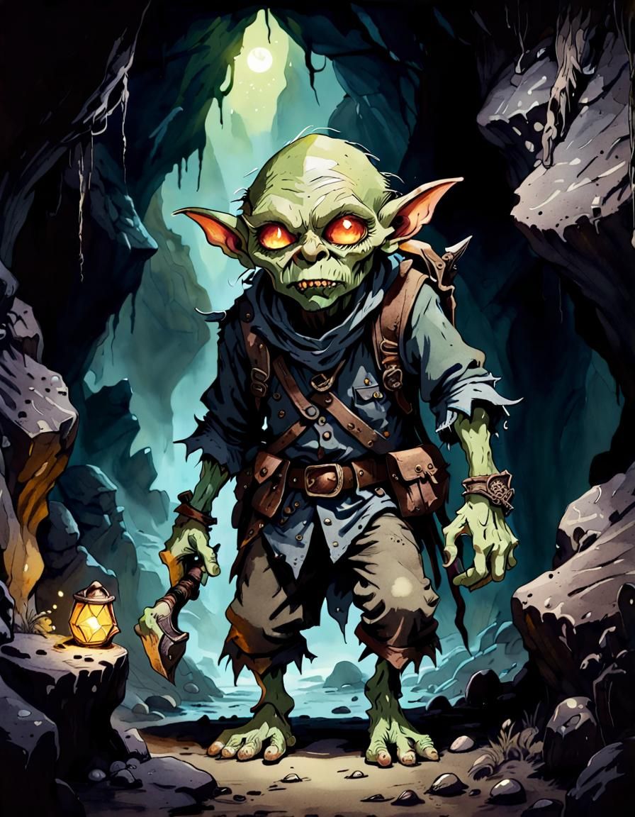 Undead Goblin Treasure Hunter in Watercolor Style