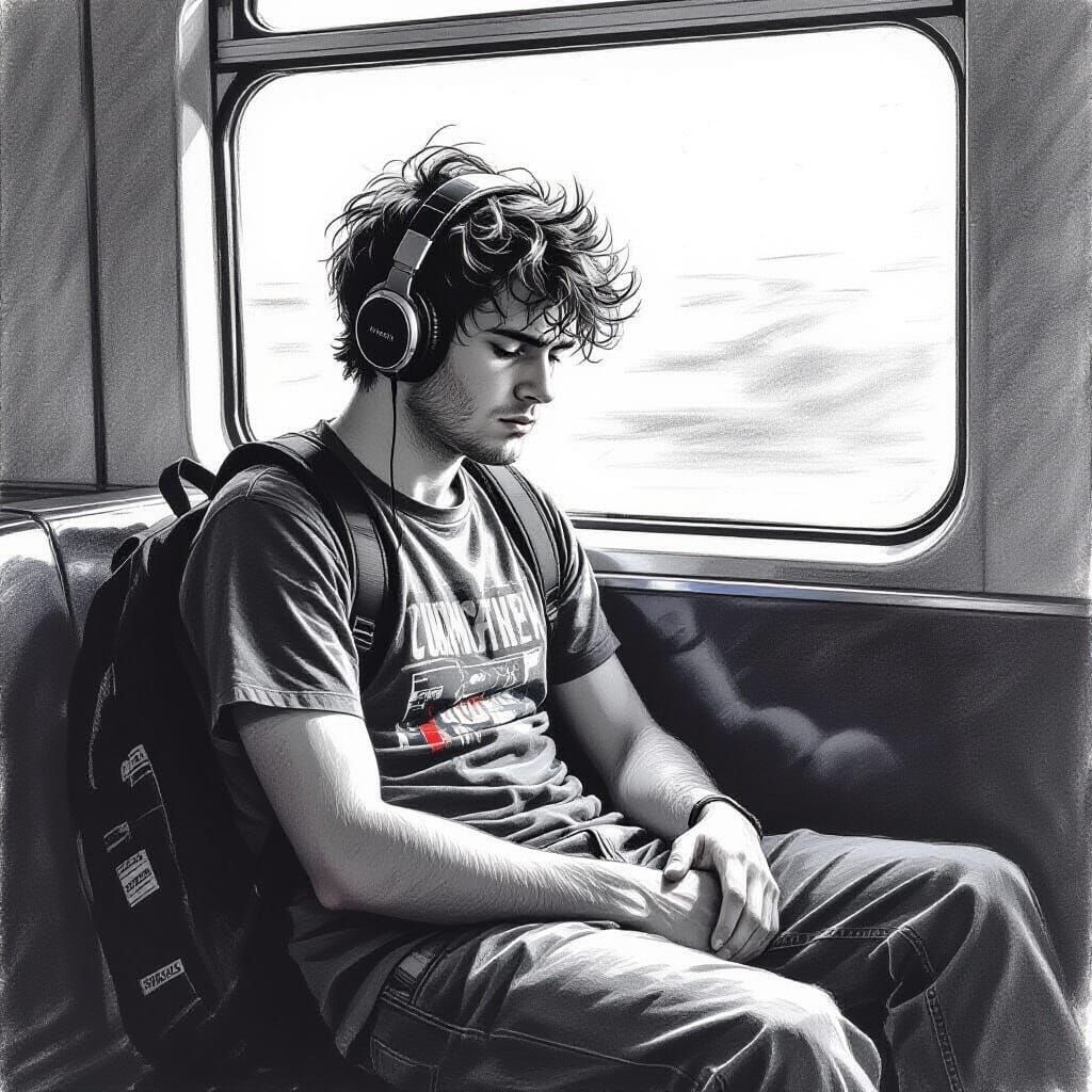 Melancholic Teenager in Charcoal Drawing Style