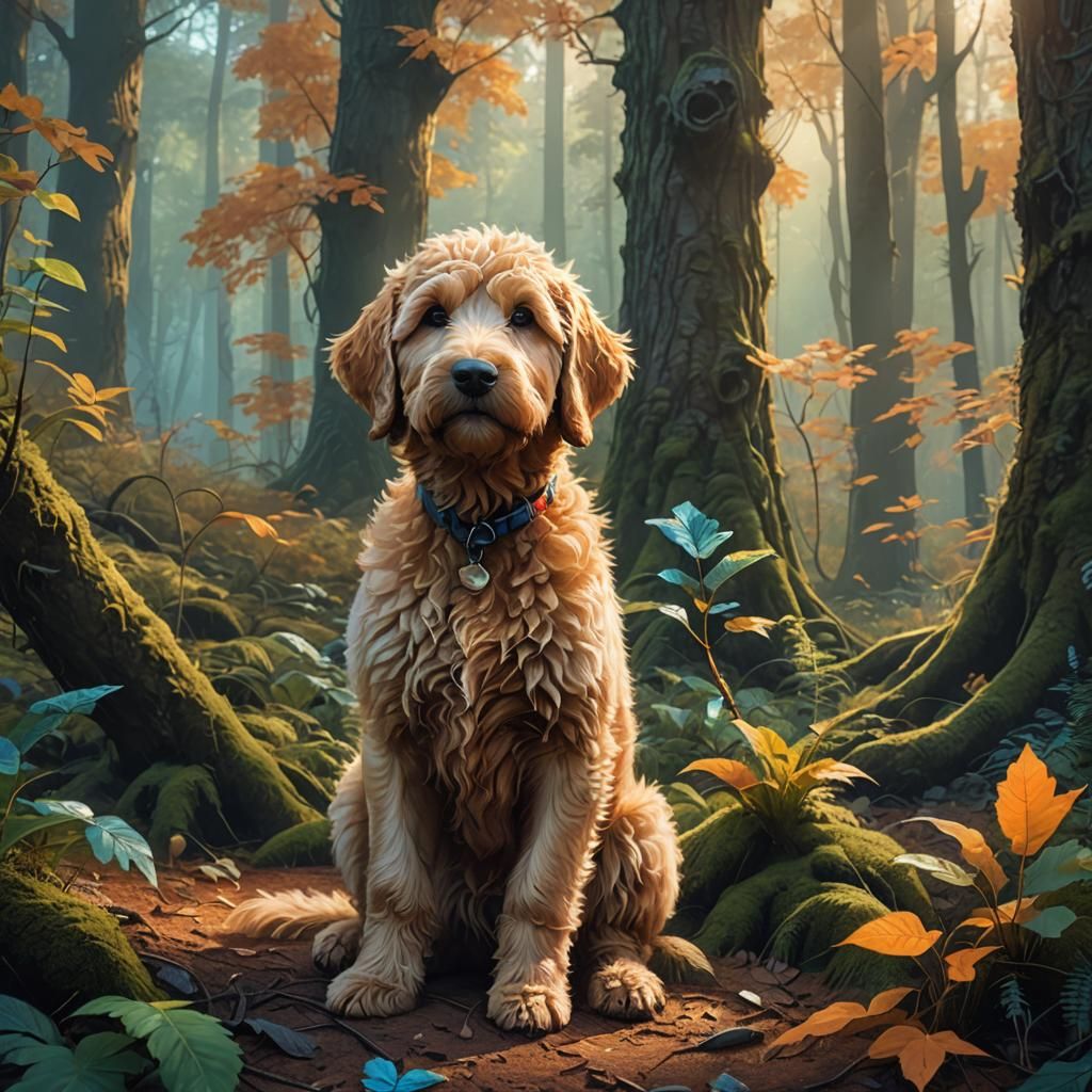 Golden Doodle Puppy in Mystical Forest: Fantasy Art
