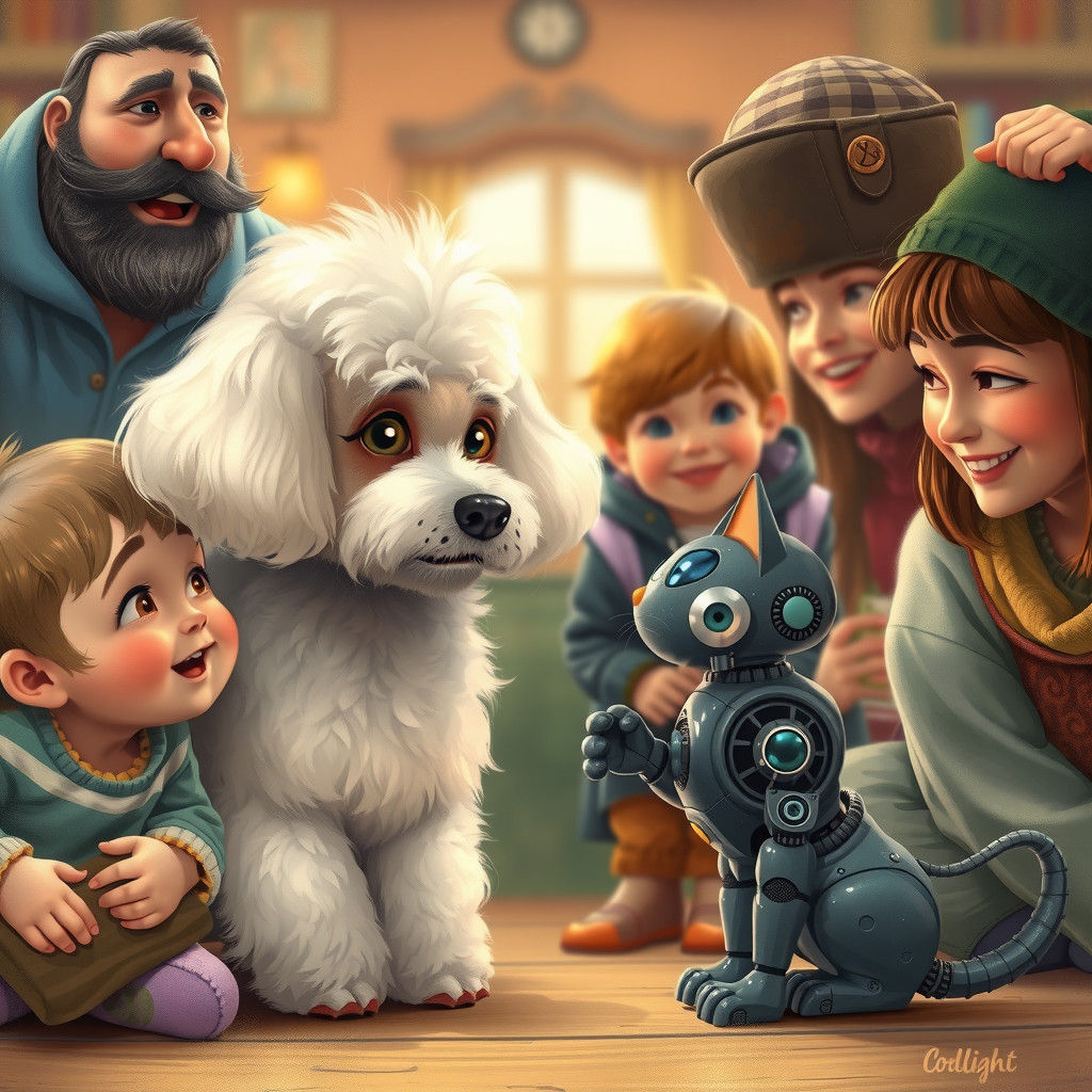 Poodle and Robot Cat in Storybook Illustration Style