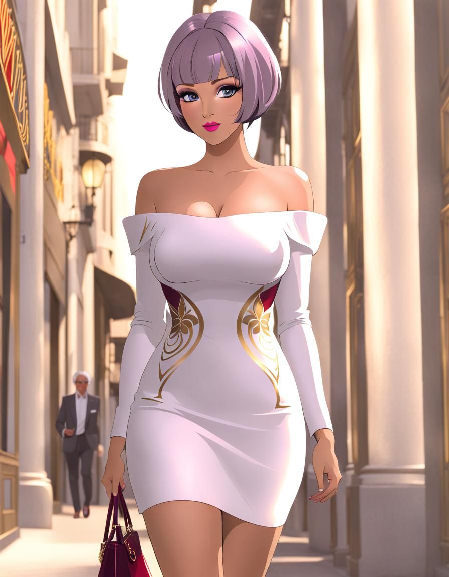 Attractive Woman with Purple Hair in Glimmering Dress