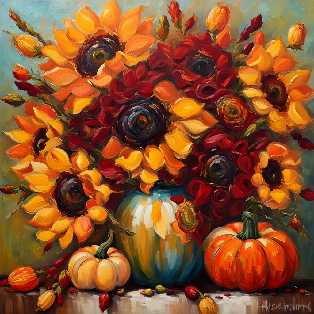 Fall Flower Vase Impasto Oil Painting
