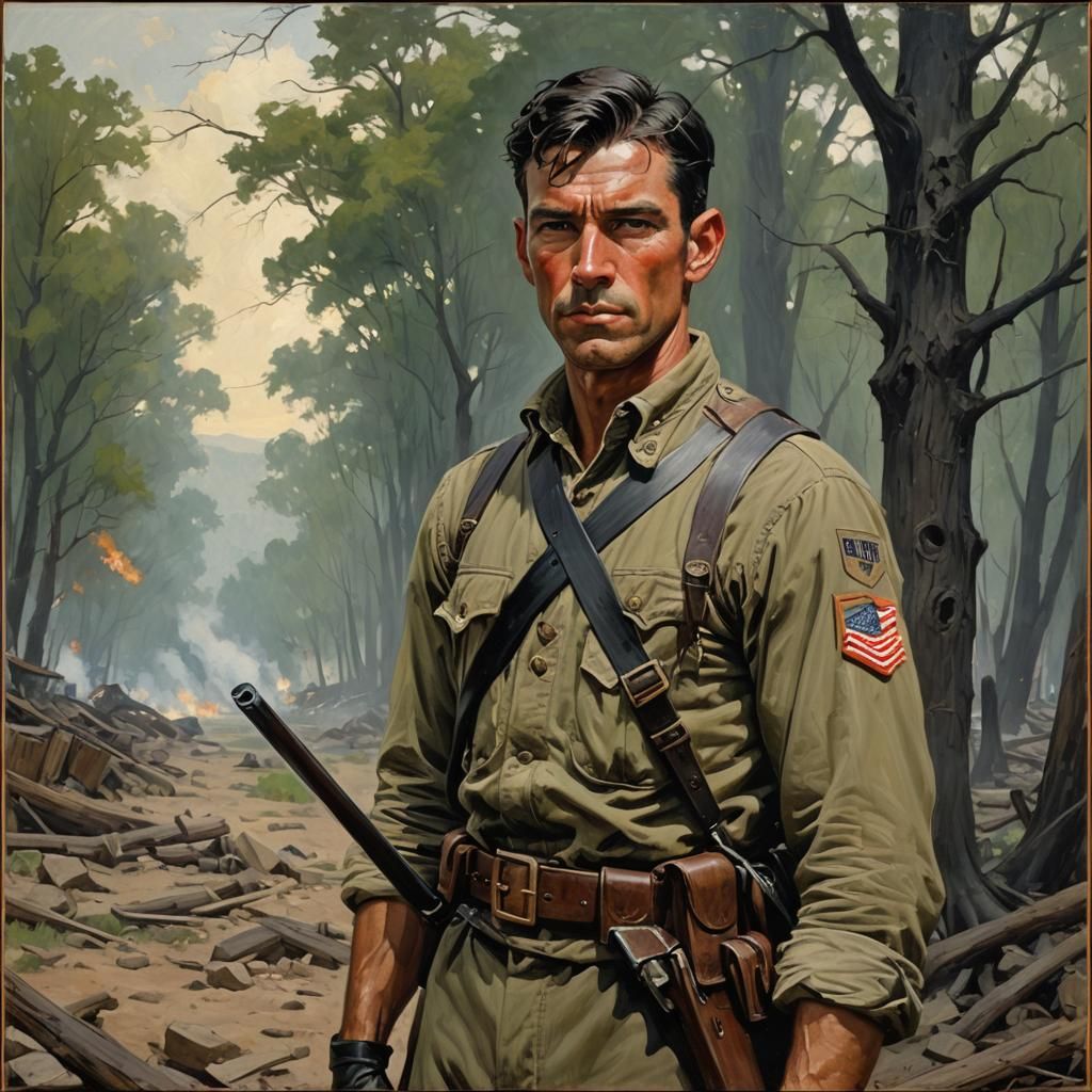 American Soldier with Superhuman Strength in Battlefield Oil...