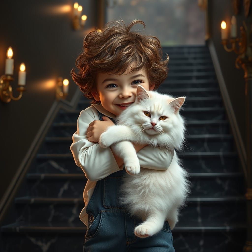 Curly-haired Boy Embracing Majestic White Cat on Black Marbl...