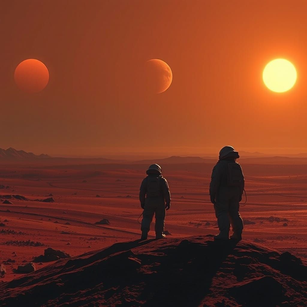 Barren Alien World Under Three Descending Suns