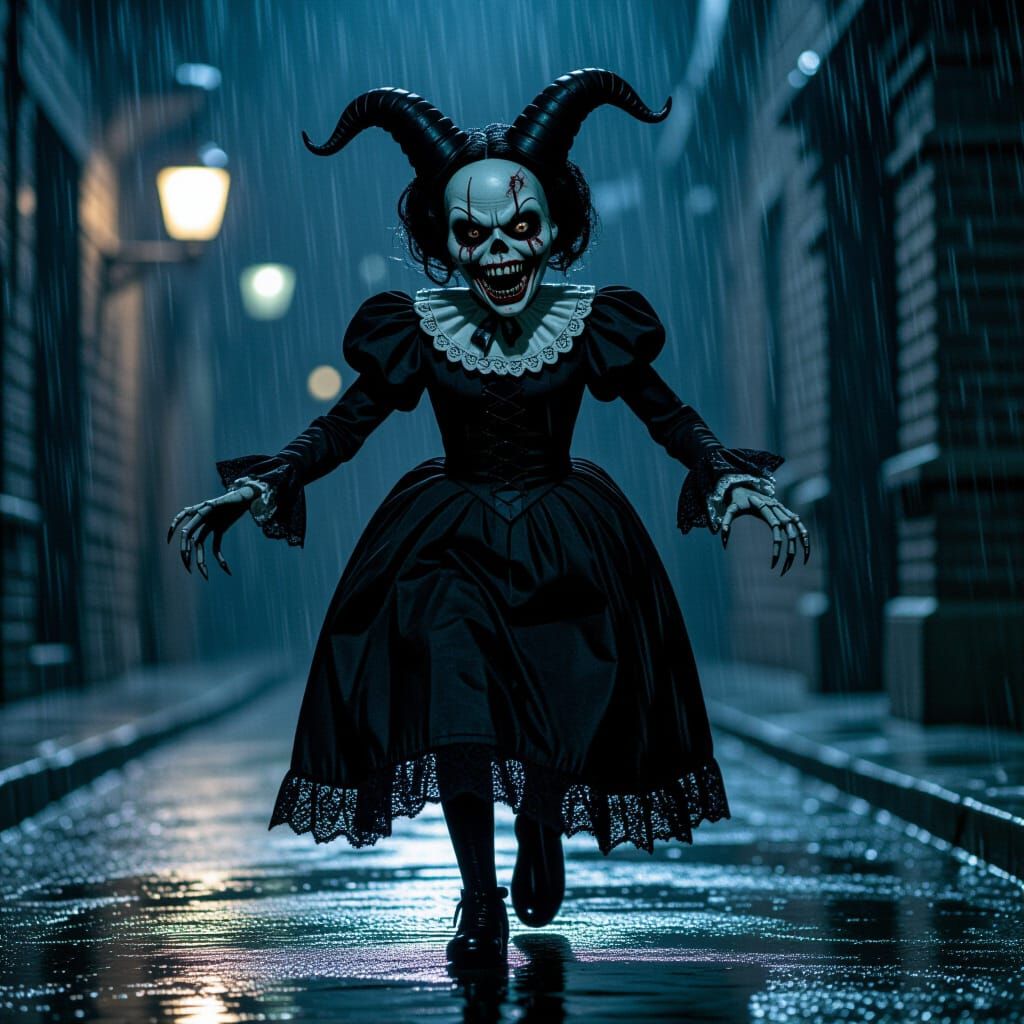 Terrifying Skeletal Demon Doll in the Rain