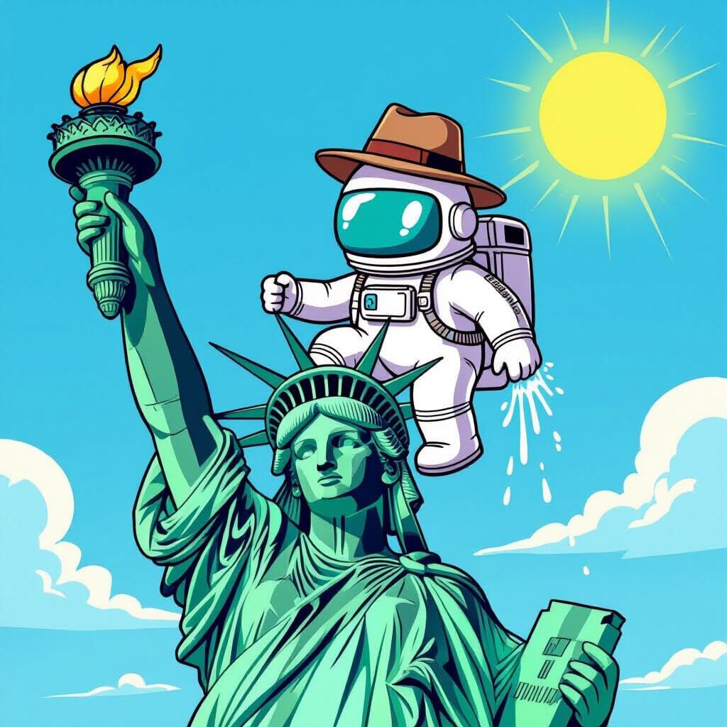 Among Us Character on Statue of Liberty in Cartoon Style