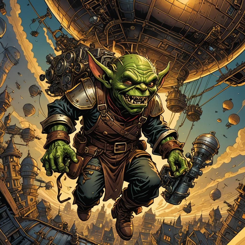 Goblin Mechanic Inside Blimp as Comic Book Art