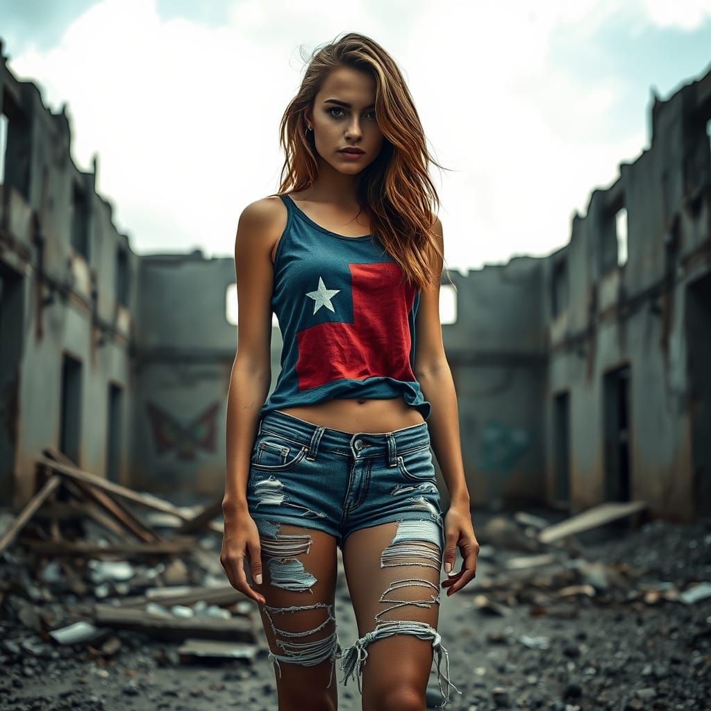 Woman in War-Torn Building with Flag Emblem