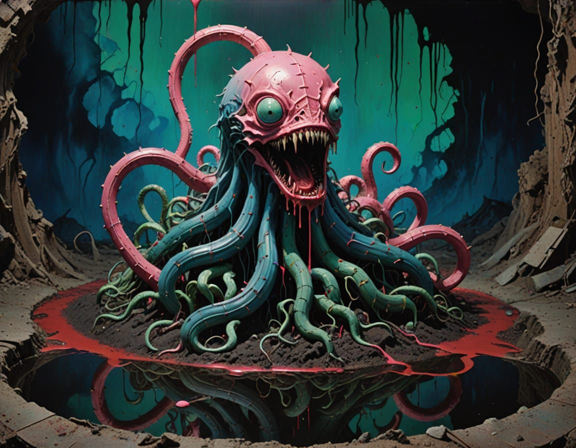 Surreal Creature Emerges from Ominous Well in Discordant Lan...