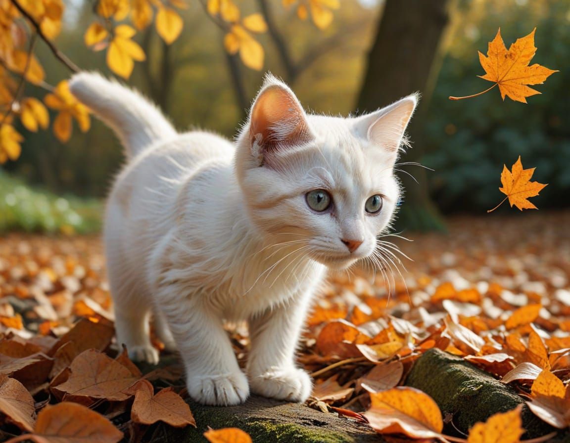 Kitten Watching Autumn Leaves Fall