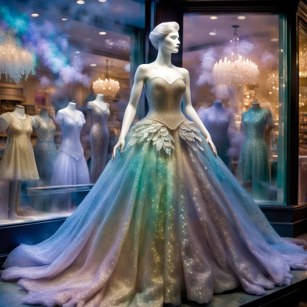Iridescent gown displayed in shop window