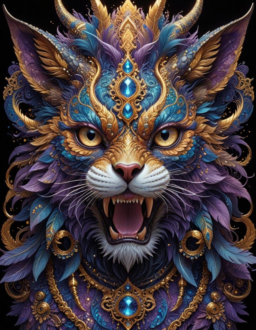 Golden Fantasy Hybrid in Noble Attire with Swirling Linework