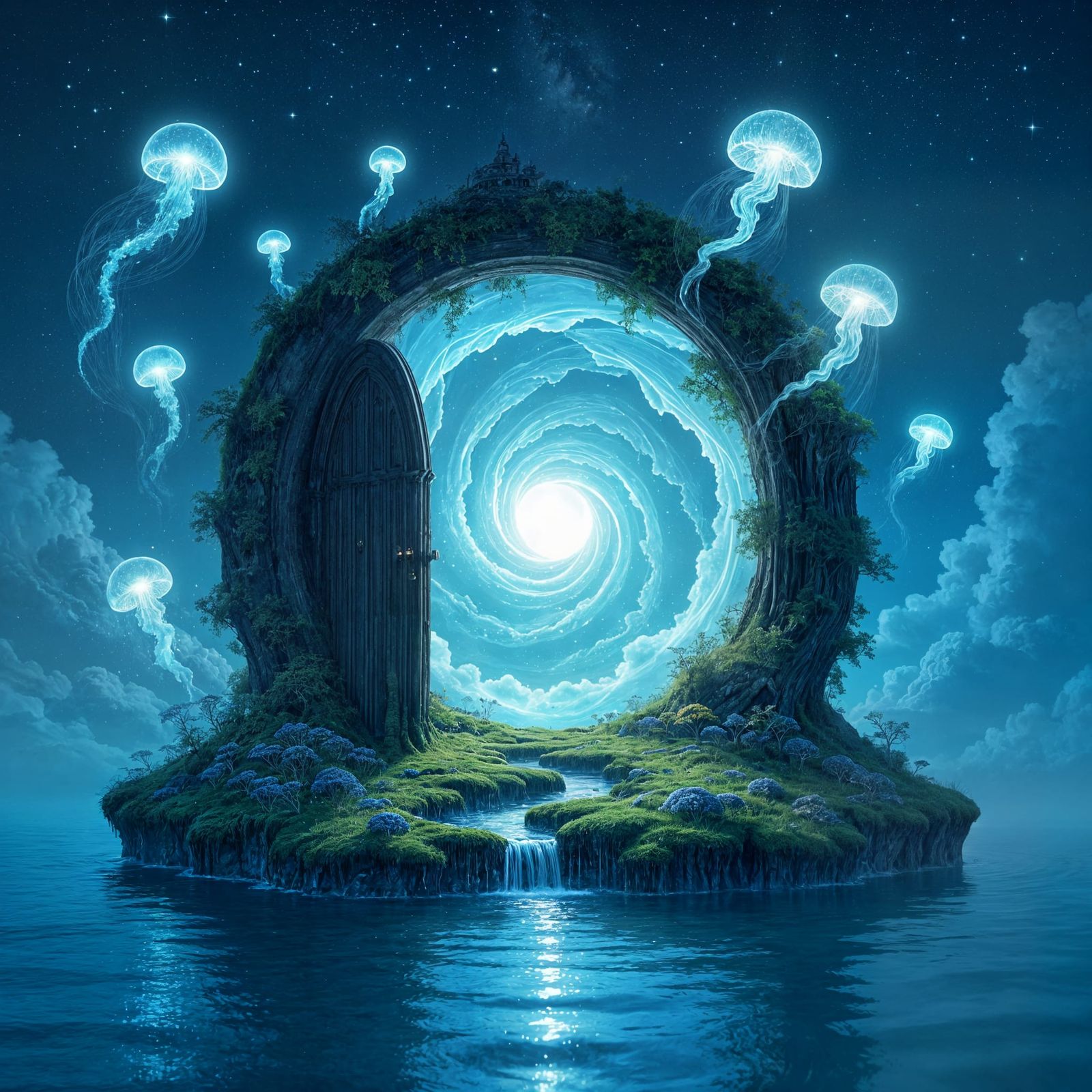 Moonlit Portal on Floating Island, Surreal Art