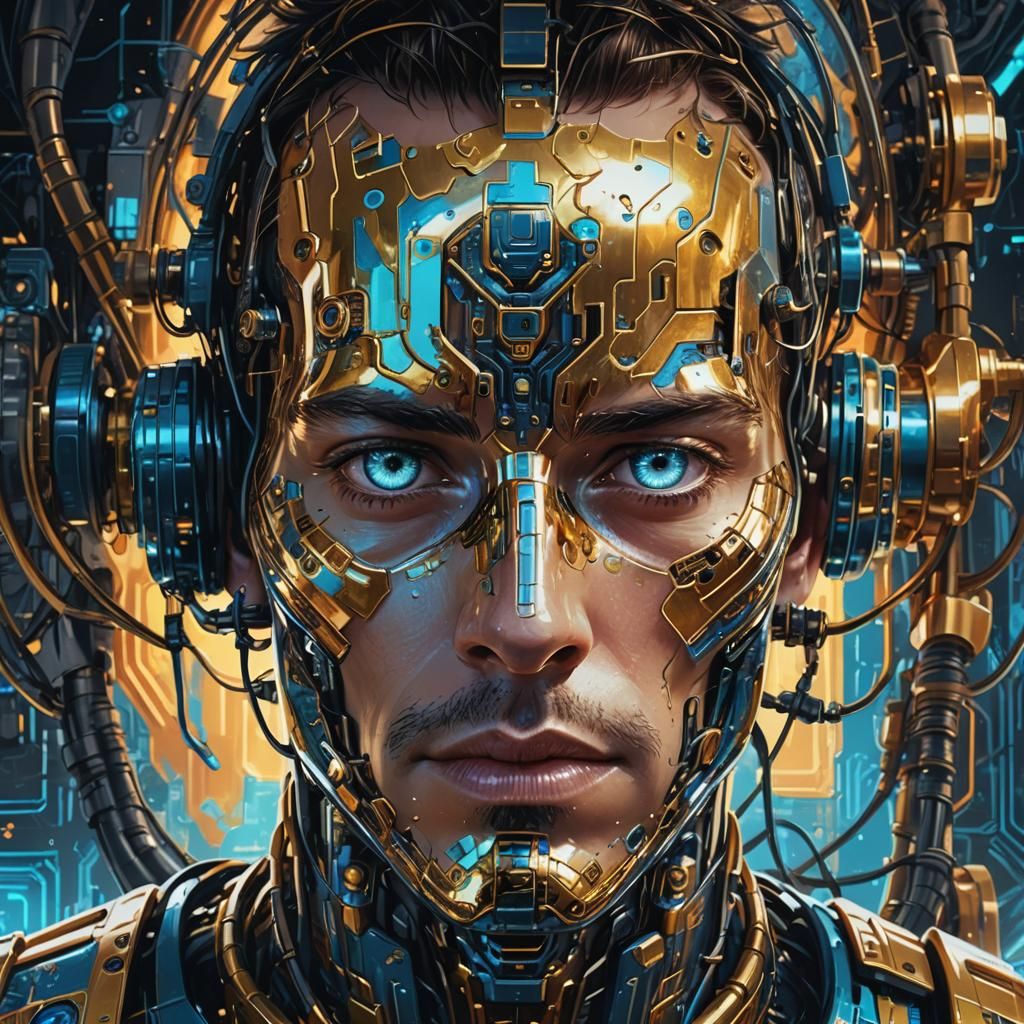 Robot-Headed Man Portrait in Metallic Sci-Fi Style