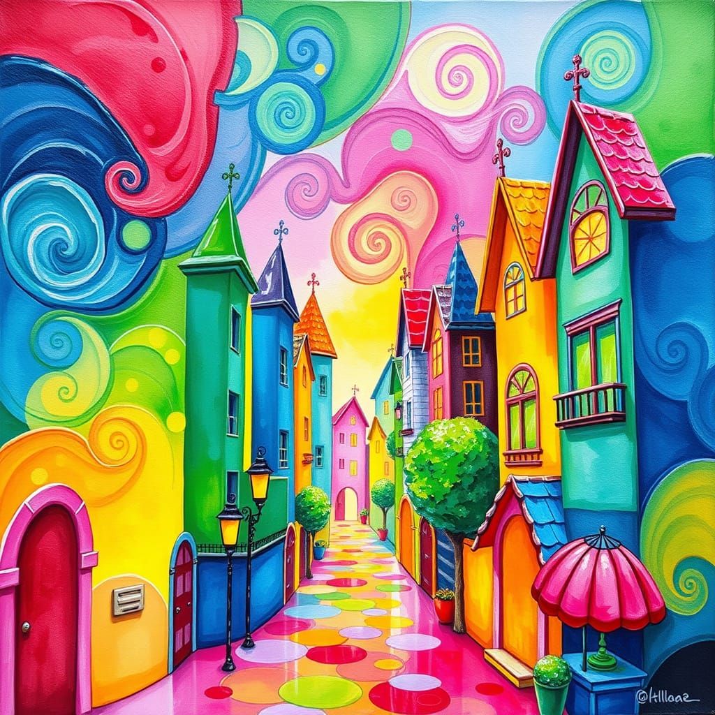 Vibrant Candyland Cityscape in Whimsical Gouache Swirls