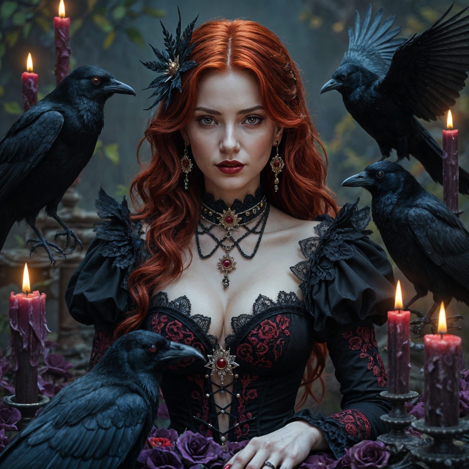 Gothic Woman with Crows and Candles, Dark Fantasy Art