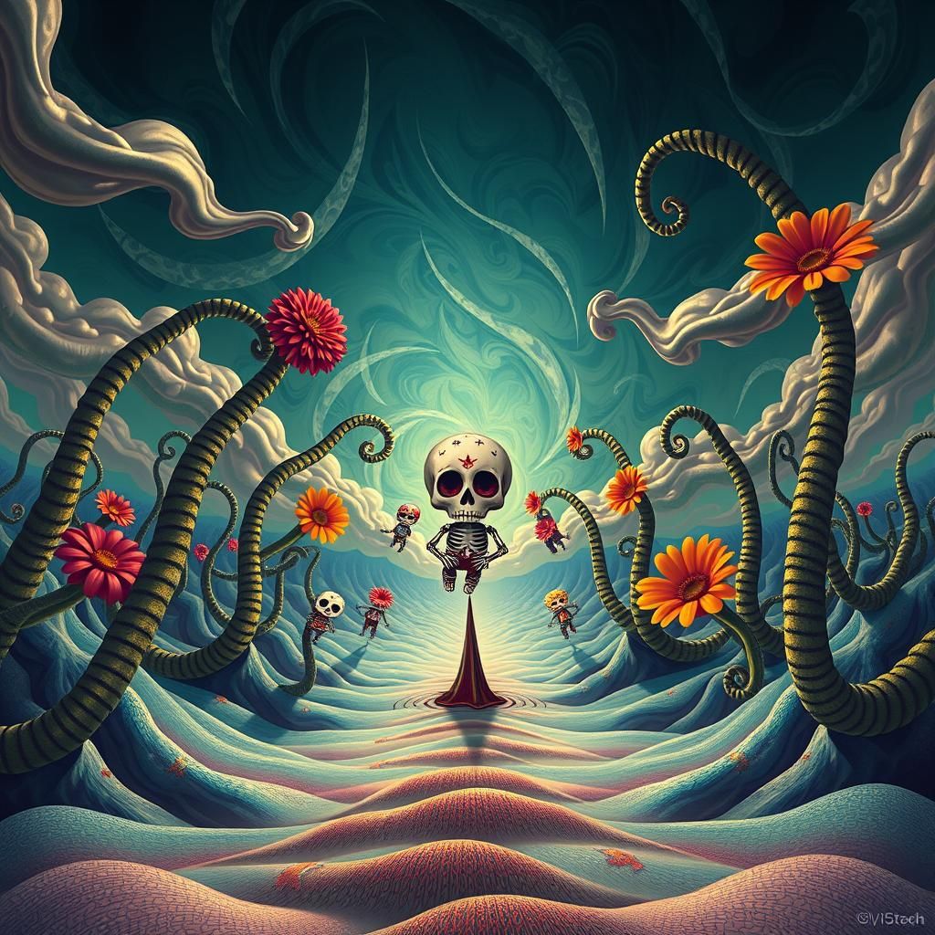 Surreal Landscape with Twisting Flora and Sugar Skull