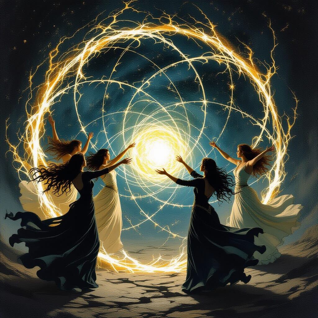 Celestial Women Weave Cosmic Web in Gothic Horror Style