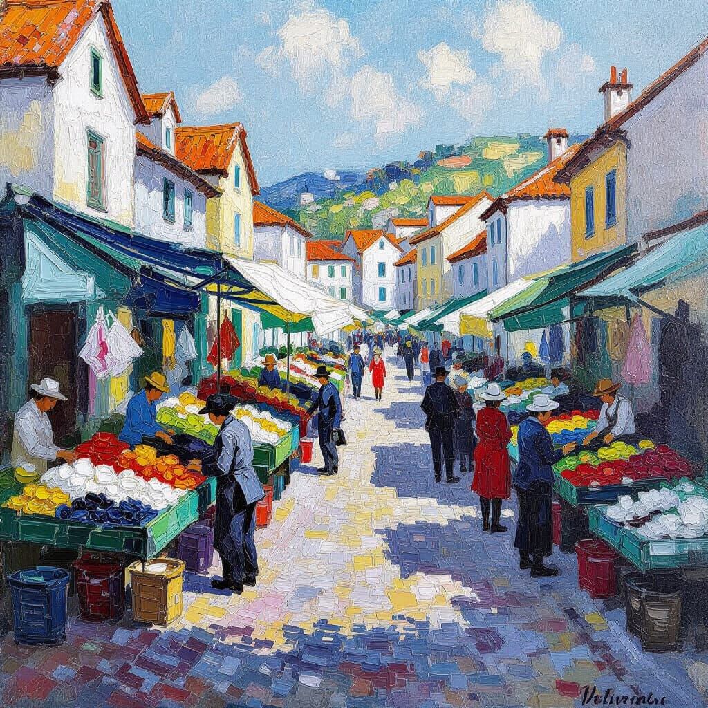 Colorful Coastal Fish Market in Neo-Impressionist Style