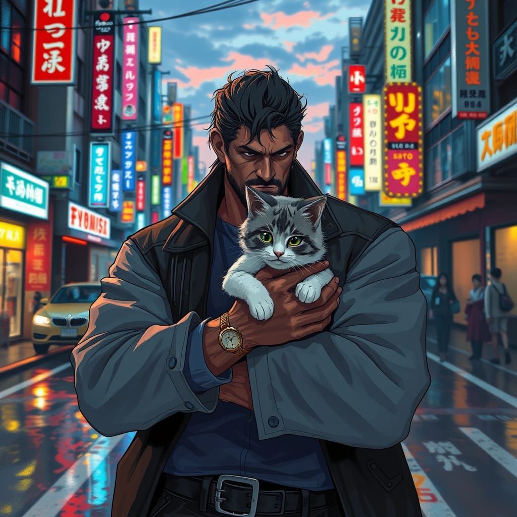Tough Yakuza Cradles Kitty in Neon Tokyo Streetscape