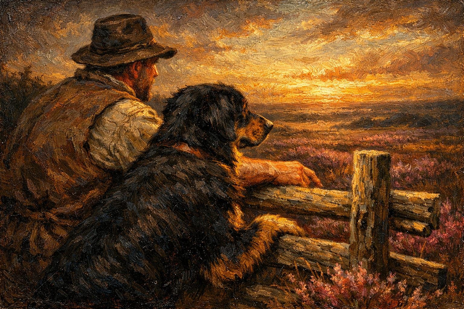 A sturdy farmer and his Hovawart dog are looking out over the blooming heather.
