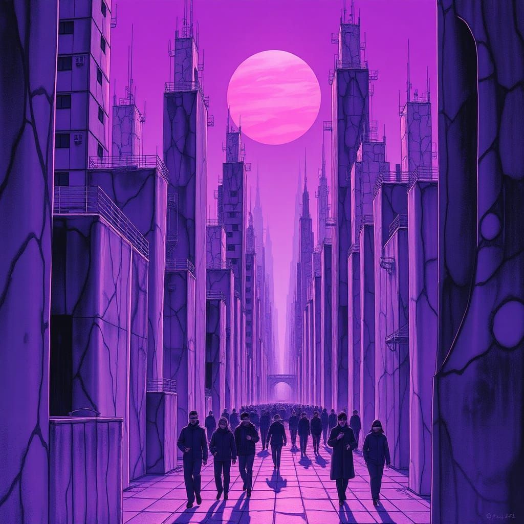 Surreal Purple City of Glass: Detailed Illustration