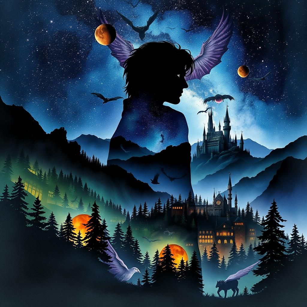 Sandman Silhouette in a Surrealist Watercolor Landscape