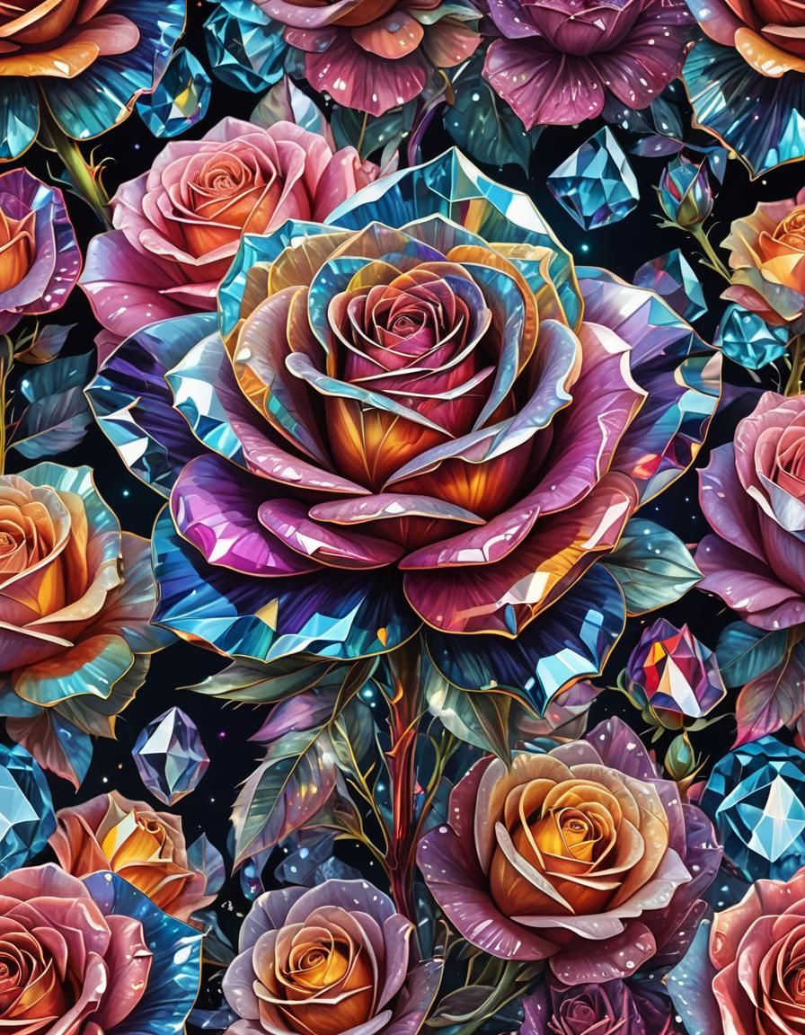 Holographic Crystal Rose Flower Illustration