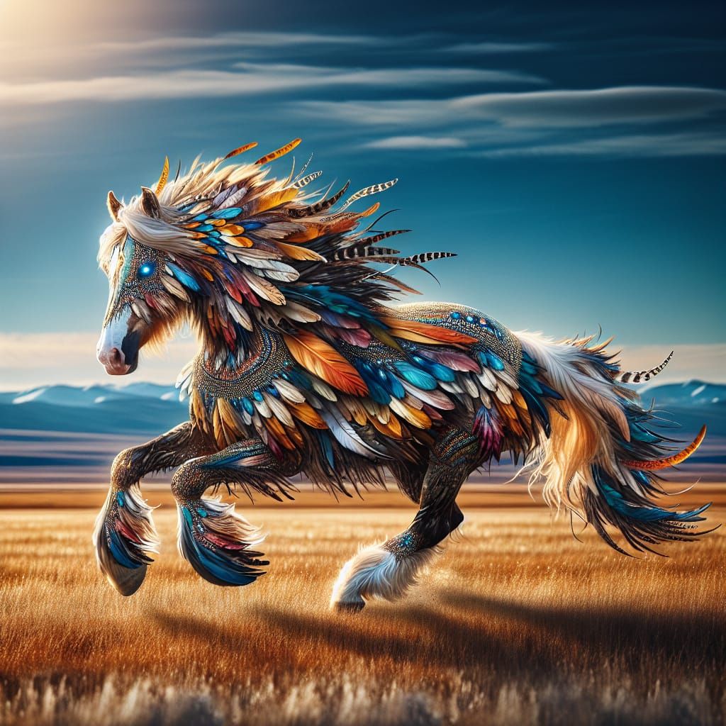 Feathered Mustang with Tribal Accents on Vast Plain