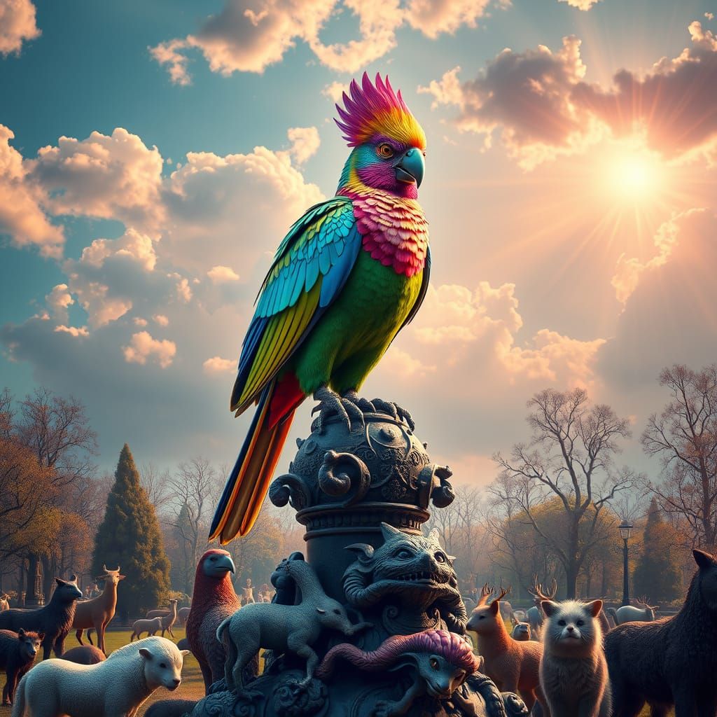Holographic Bird on Statue in Futuristic Style