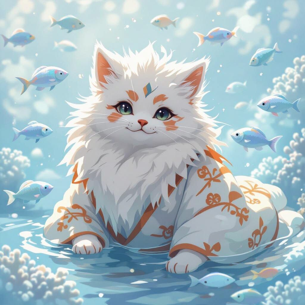 Underwater Kitsune Seal in Flowing Kimono