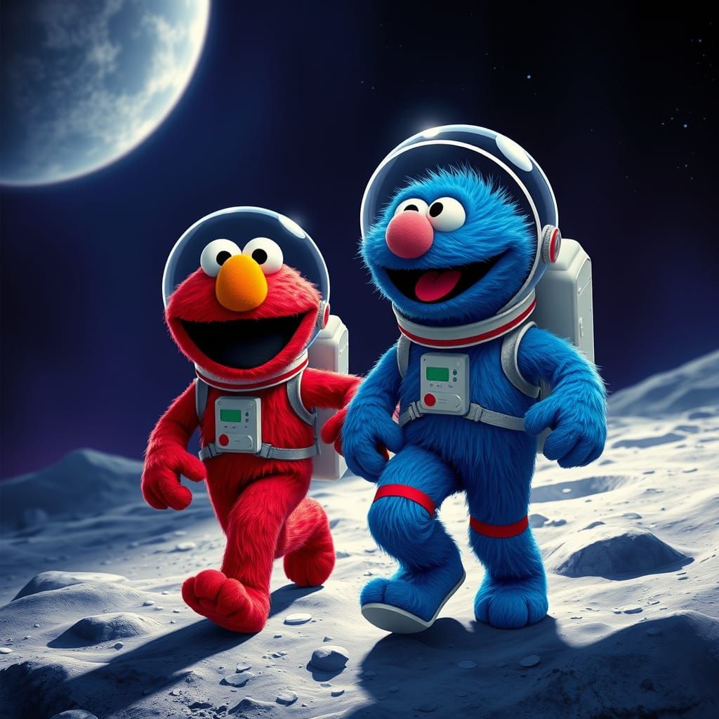 Grover and Elmo Moonwalk in Hyperrealistic Style