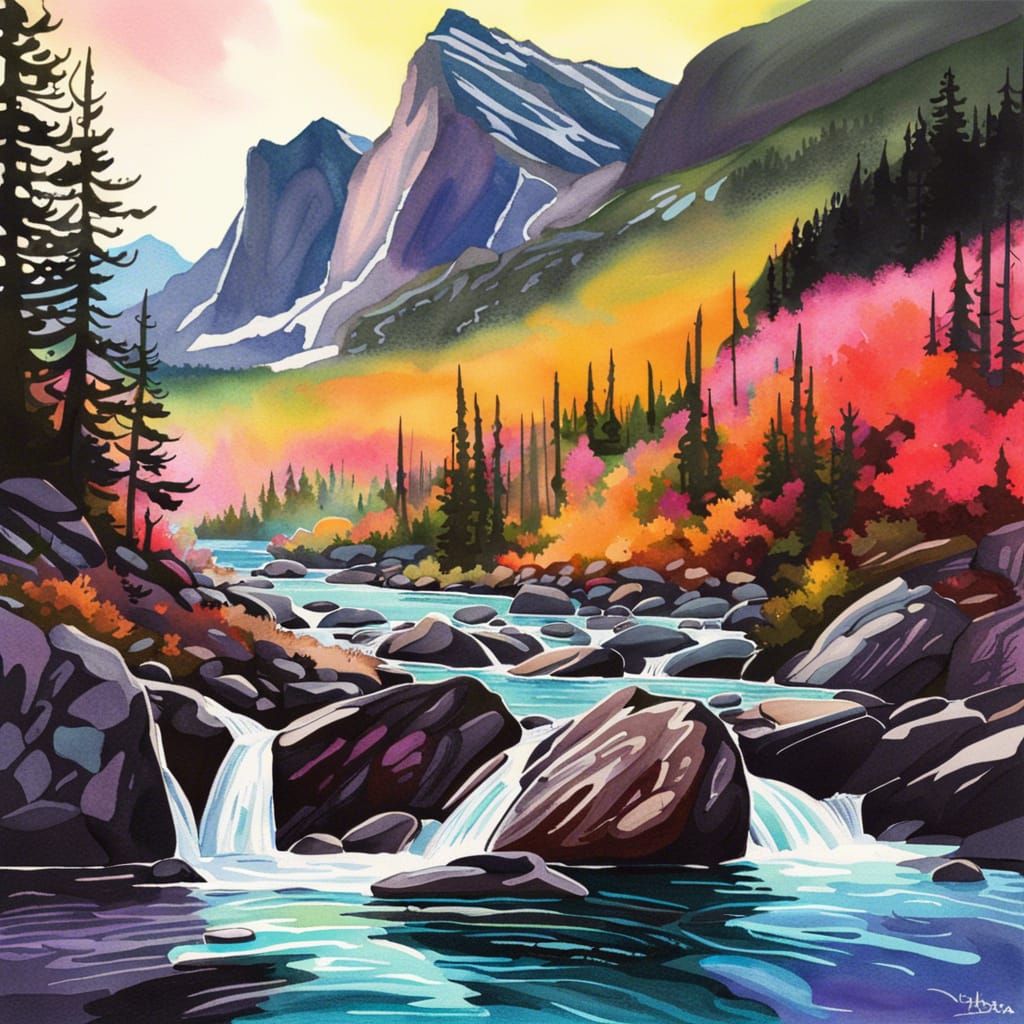 Glacier National Park: Watercolor Painting with Neon Accents