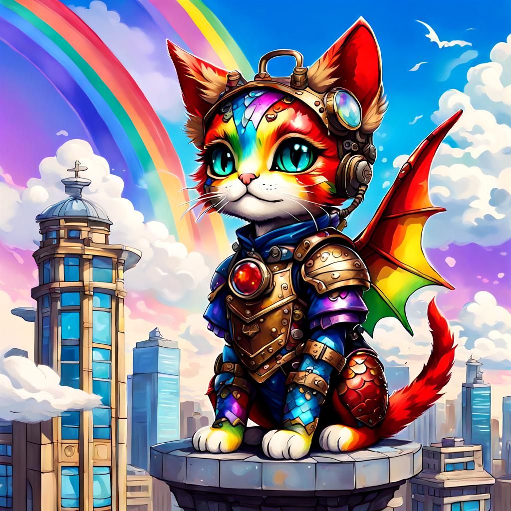 Steampunk Rainbow Cat-Dragon Hybrid in Cloud City