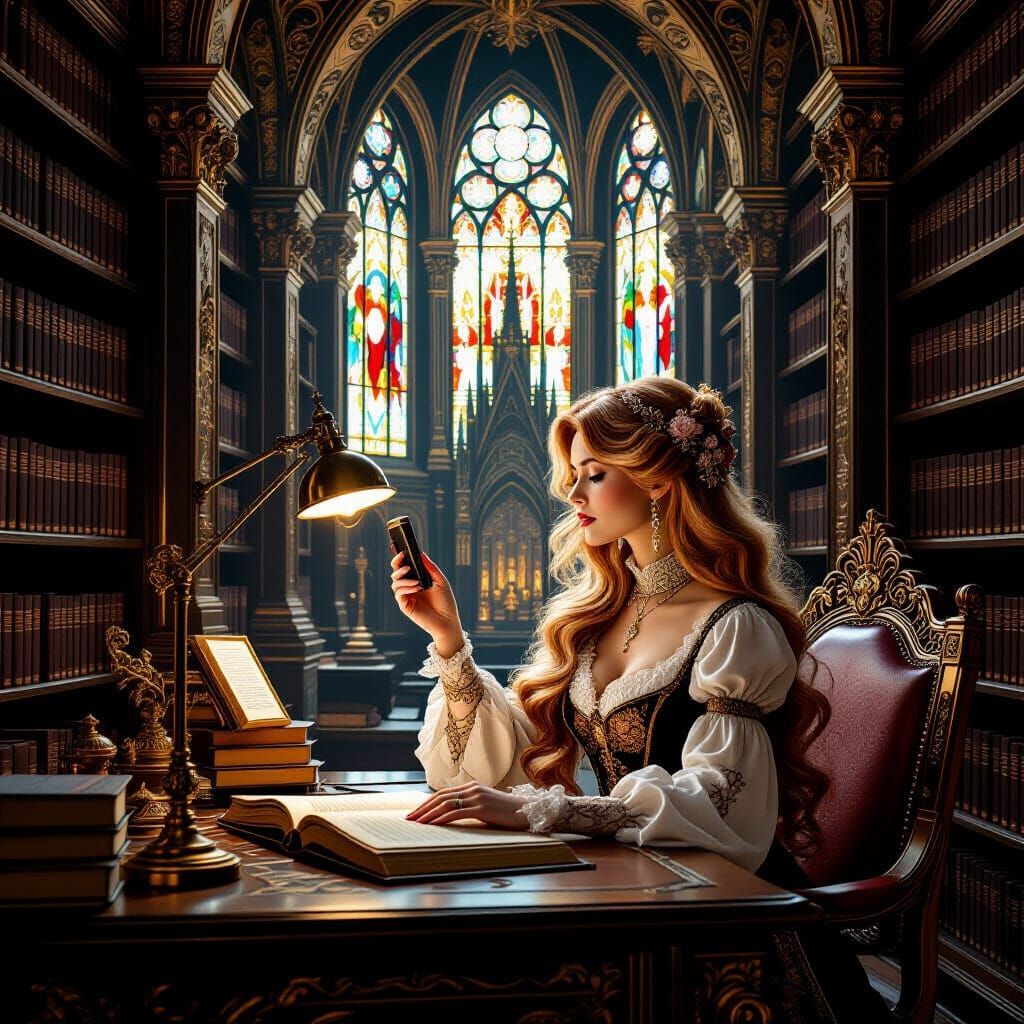 Celestial Librarian Captures Gothic Cathedral in Art Nouveau...
