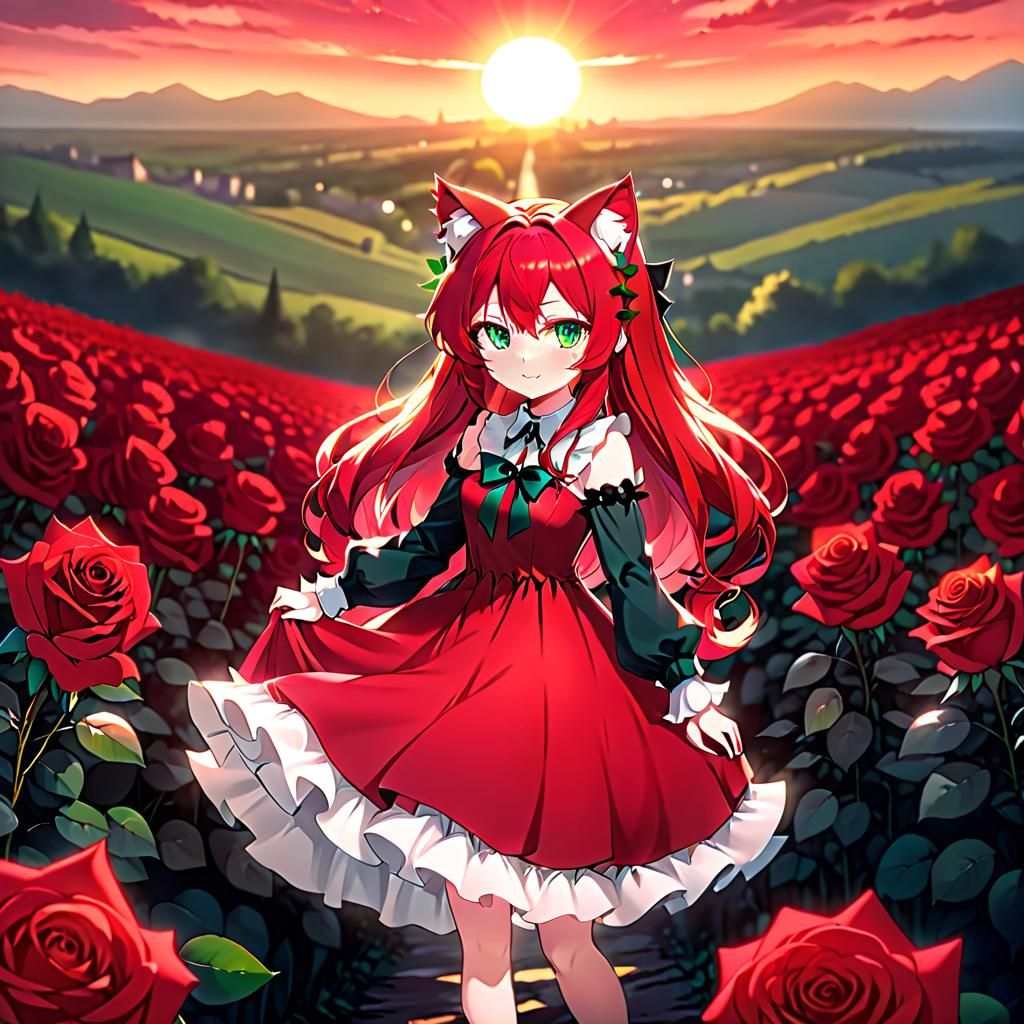 Anime Girl with Rose Hair and Cat Ears