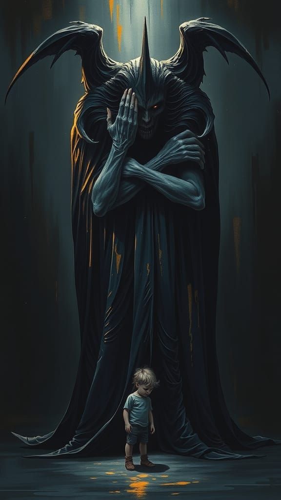 Eerie Godlike Figure Over Child in Somber Light