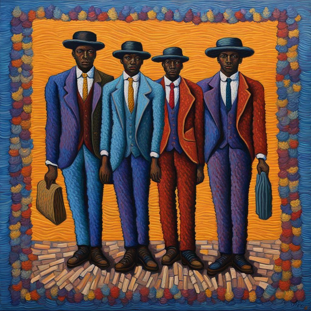 Immigrant Men with Bundles: Tapestry-Style Oil Painting