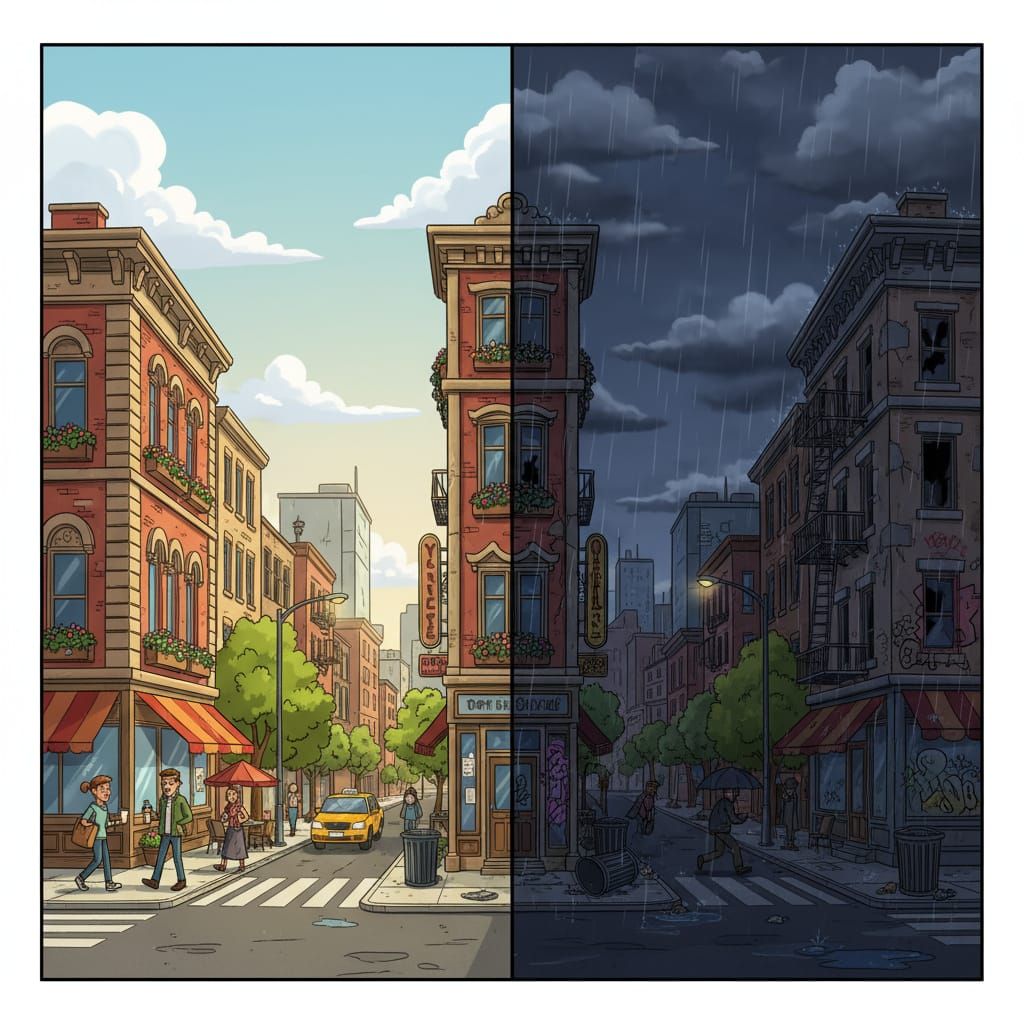 Dual-Sided Cityscape: Sunny vs. Dilapidated Contrast