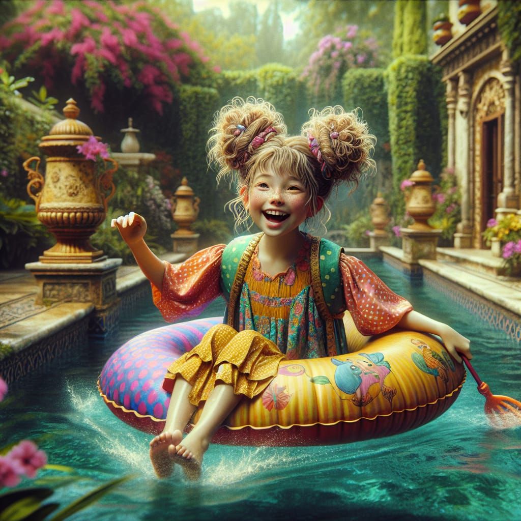 Playful Girl on Pool Float in Fantasy Art