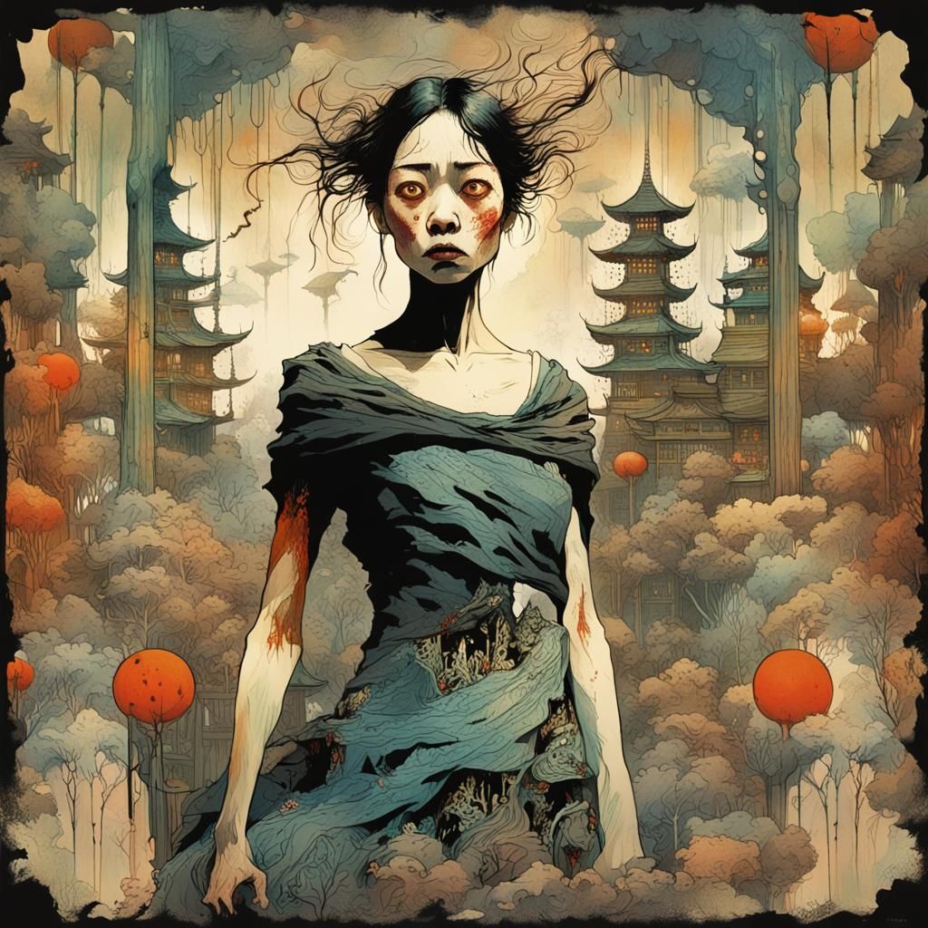 Terrified Japanese Woman in Fearful Fantasy Art