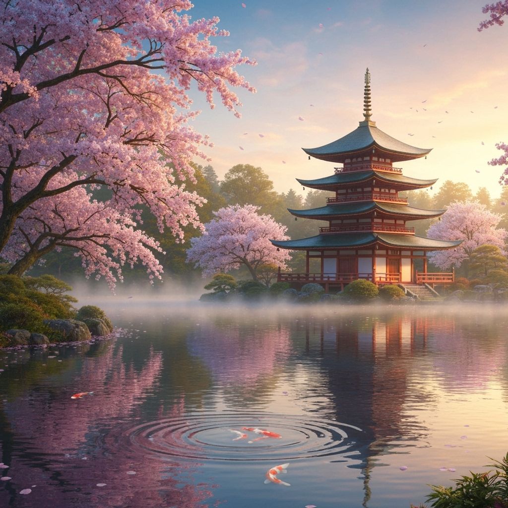 Serene Pagoda at Dawn by Misty Lake