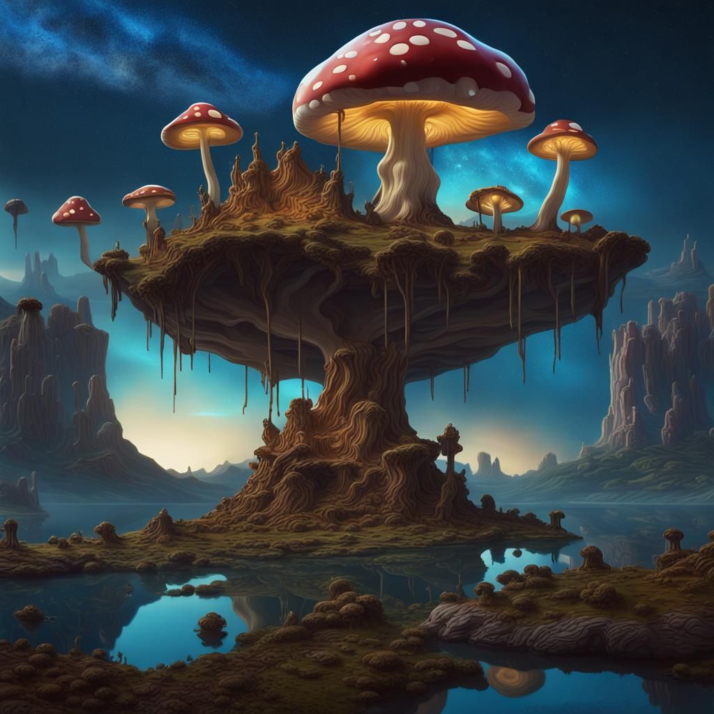 A surreal landscape with floating islands and giant mushroom...