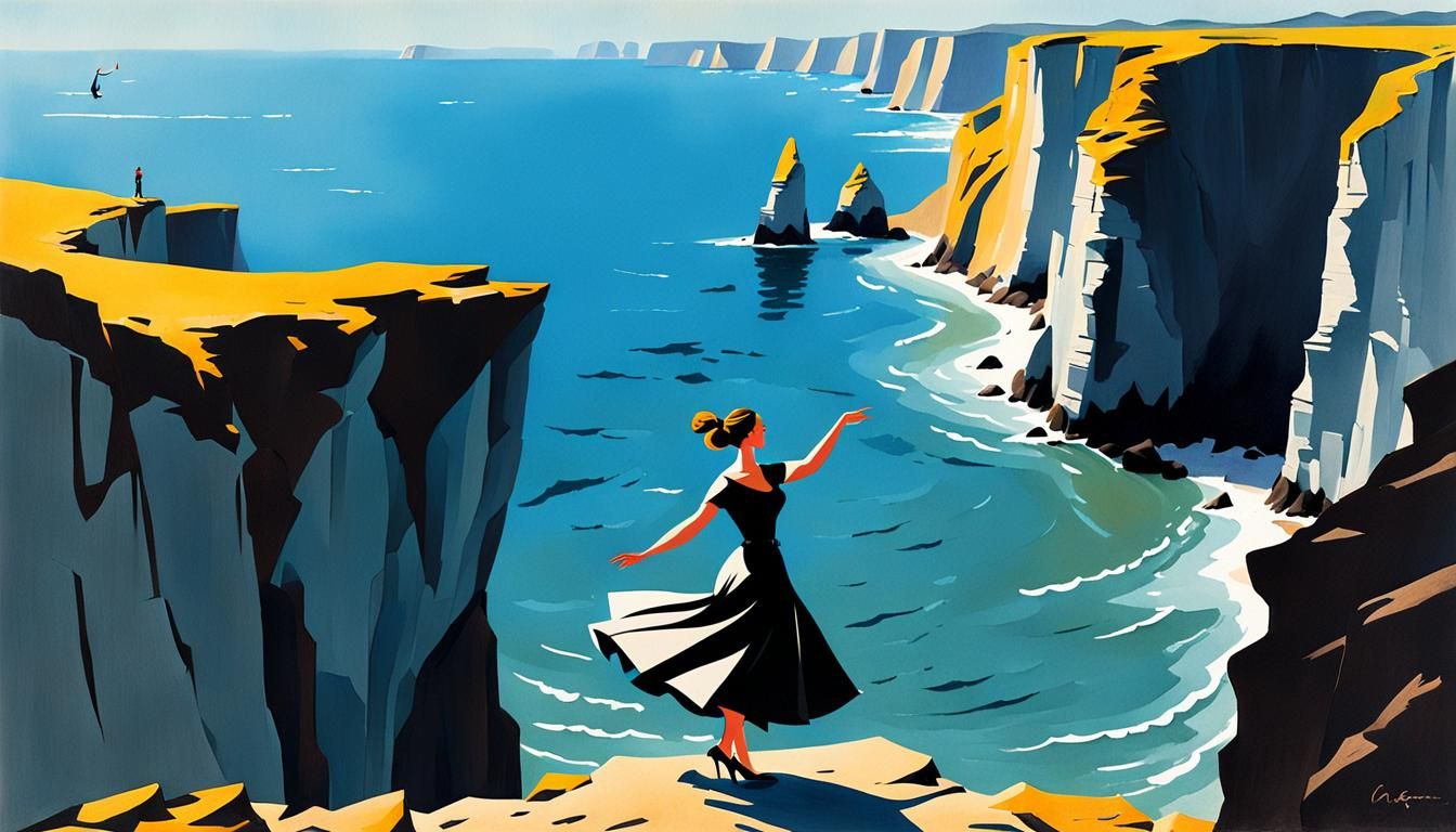 Minimalist Gouache: Lady Dancing by the Sea